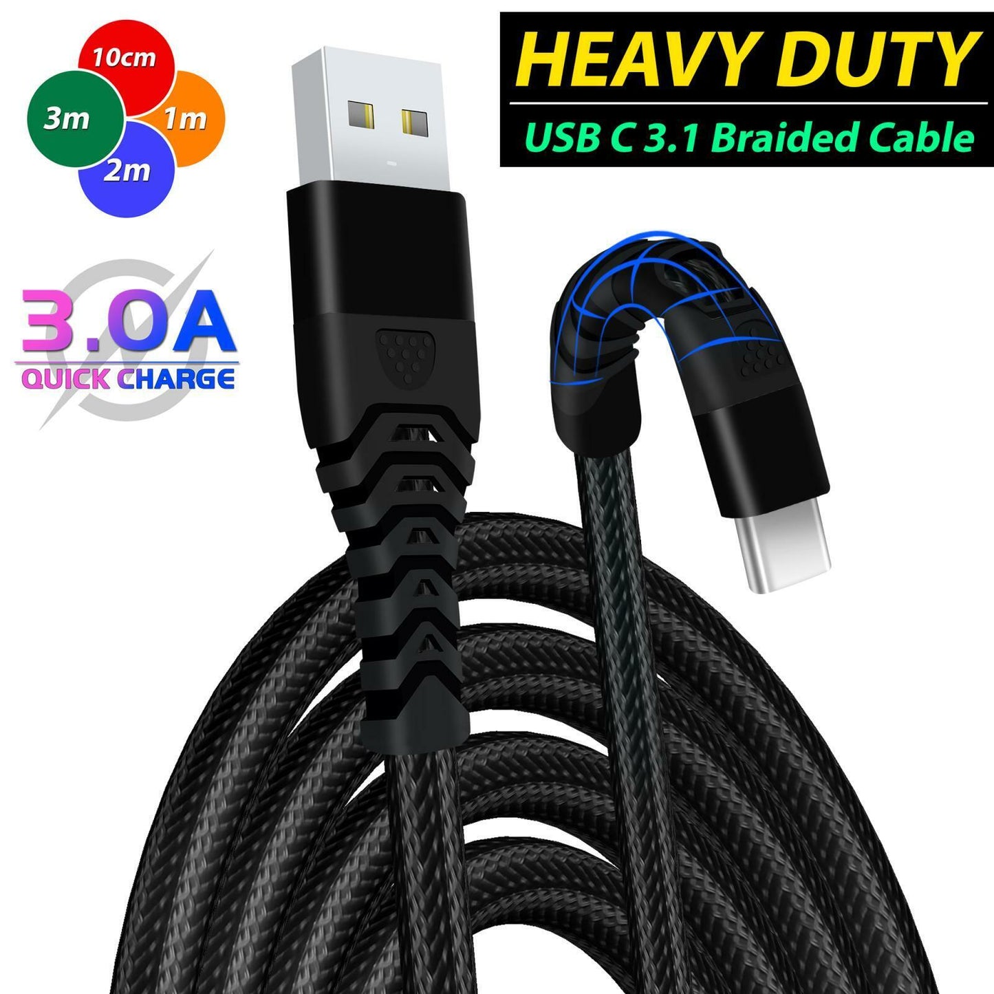 Heavyduty USB Type C Charging Cable Braided Fast Phone Charger Long Lead 2M 3M