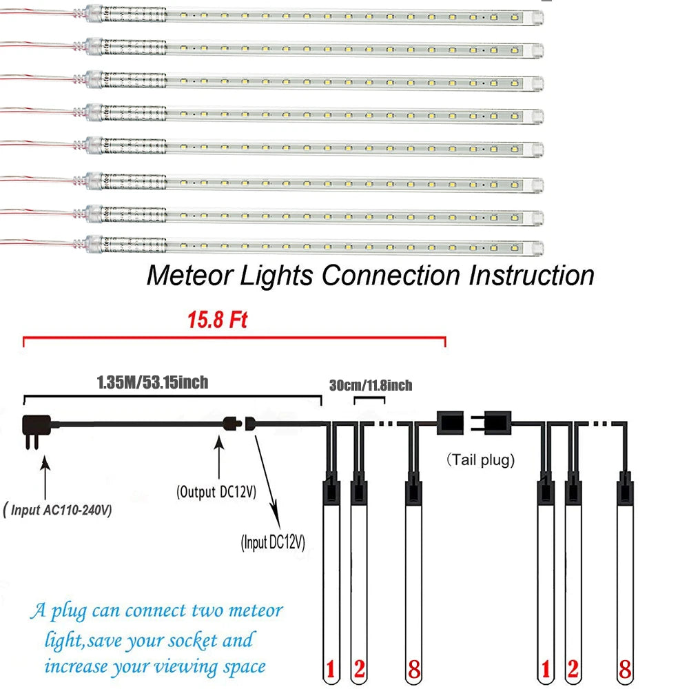 30CM 50CM Waterproof LED Meteor Shower Rain Lights Falling String Lights Decoration Light Party Christmas Lights Connectable D25