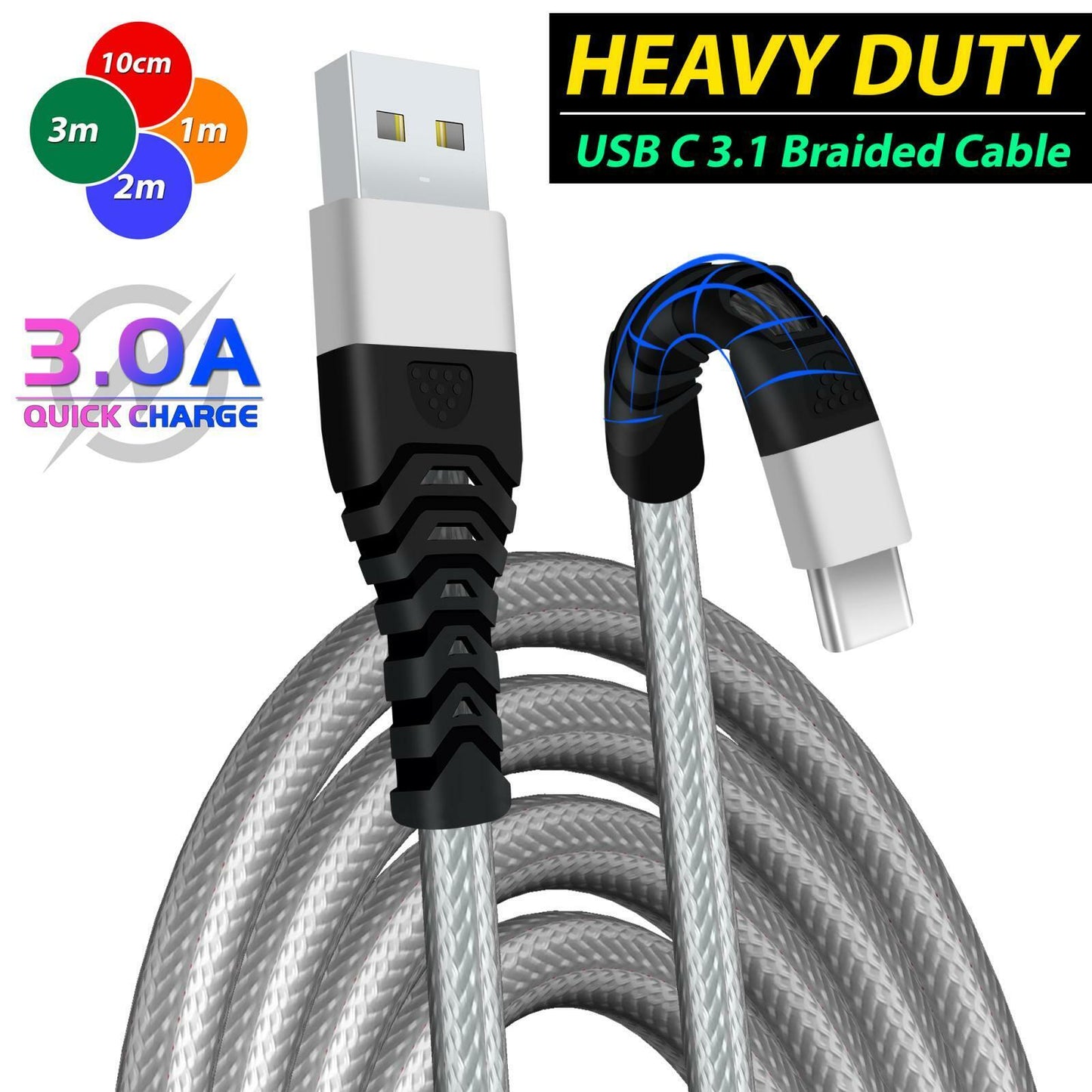 Heavyduty USB Type C Charging Cable Braided Fast Phone Charger Long Lead 2M 3M