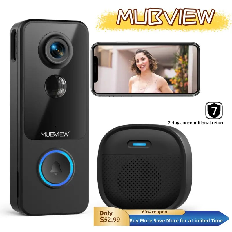 MUBVIEW Smart Video Doorbell : with Battery, Wireless Smart Doorbell Camera / HD Video, Adhesive Sticks to Walls, 1:1 Aspect Ratio, Head-To-Toe View, 2-Way Audio, Color Night Vision, Smartphone, Alexa & Google, Chime Included, Wirelesscamera