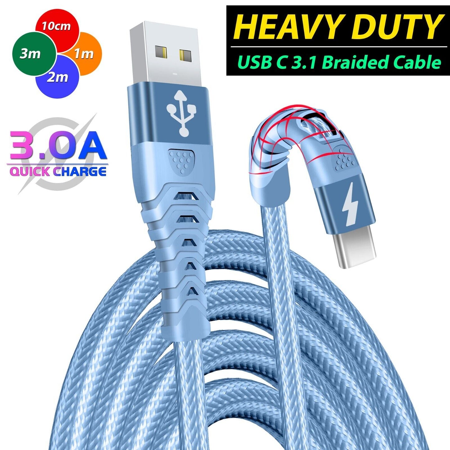 Heavyduty USB Type C Charging Cable Braided Fast Phone Charger Long Lead 2M 3M