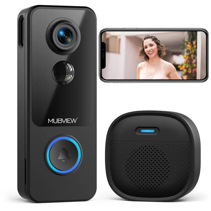 MUBVIEW Smart Video Doorbell : with Battery, Wireless Smart Doorbell Camera / HD Video, Adhesive Sticks to Walls, 1:1 Aspect Ratio, Head-To-Toe View, 2-Way Audio, Color Night Vision, Smartphone, Alexa & Google, Chime Included, Wirelesscamera