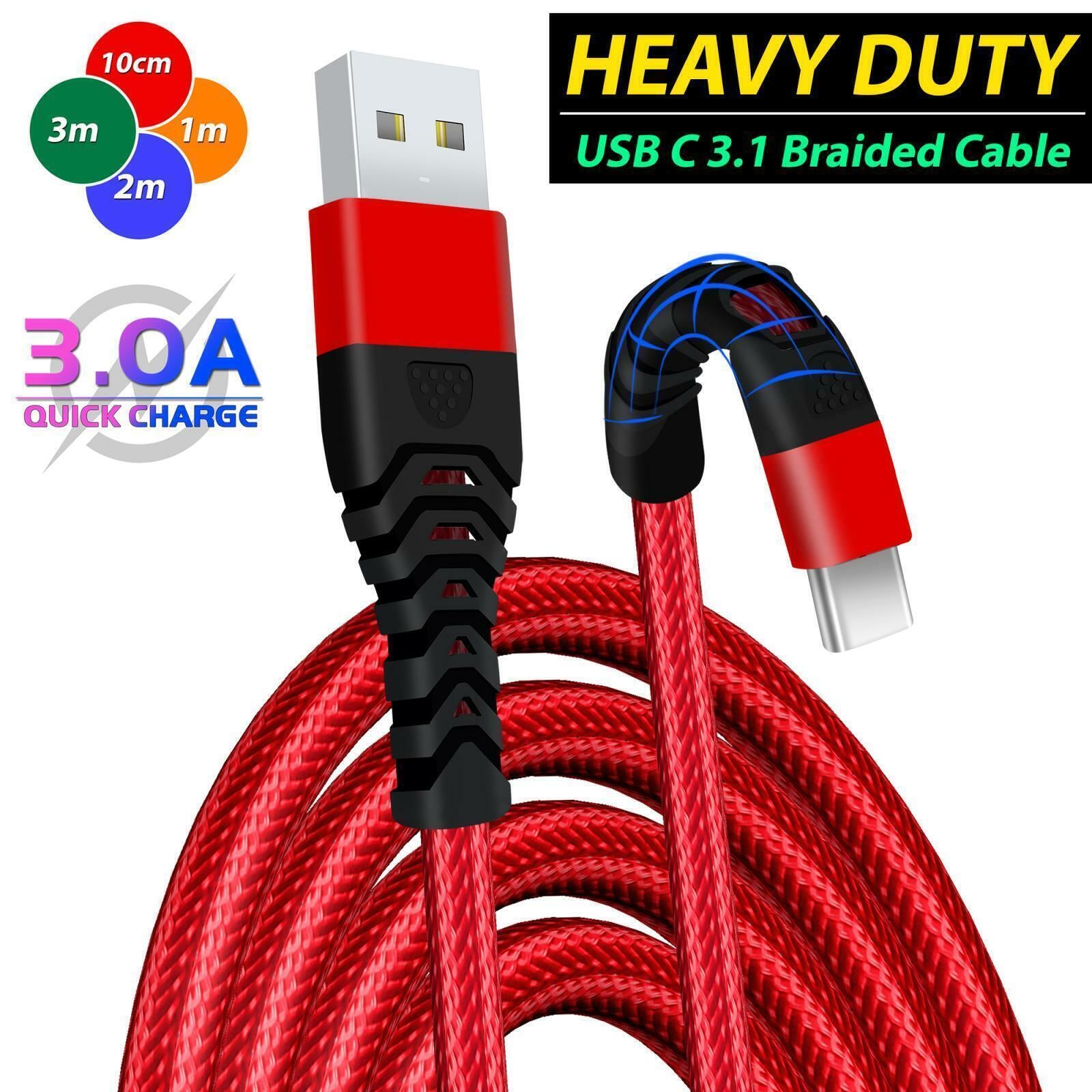 Heavyduty USB Type C Charging Cable Braided Fast Phone Charger Long Lead 2M 3M