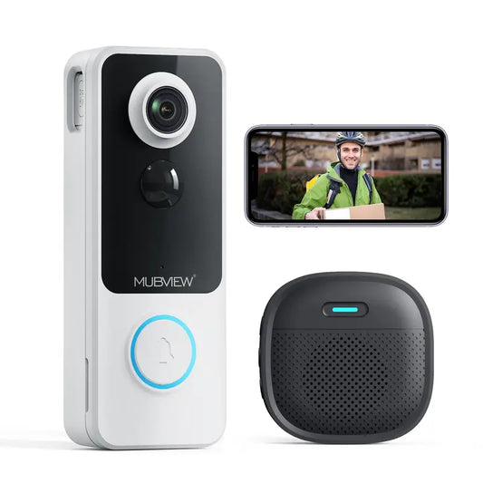 MUBVIEW Smart Video Doorbell : with Battery, Wireless Smart Doorbell Camera / HD Video, Adhesive Sticks to Walls, 1:1 Aspect Ratio, Head-To-Toe View, 2-Way Audio, Color Night Vision, Smartphone, Alexa & Google, Chime Included, Wirelesscamera