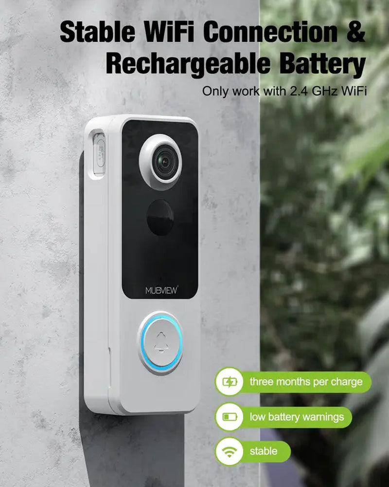 MUBVIEW Smart Video Doorbell : with Battery, Wireless Smart Doorbell Camera / HD Video, Adhesive Sticks to Walls, 1:1 Aspect Ratio, Head-To-Toe View, 2-Way Audio, Color Night Vision, Smartphone, Alexa & Google, Chime Included, Wirelesscamera