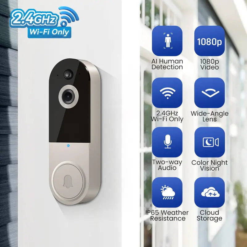 Smart Wireless Video Doorbell Camera, AI Human Detection Video Doorbell Camera, Two-Way Audio Video Doorbell Camera with Real-Time Alerts & Motion Detection, Security Cameras