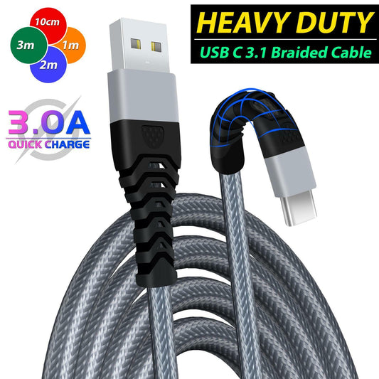 Heavyduty USB Type C Charging Cable Braided Fast Phone Charger Long Lead 2M 3M